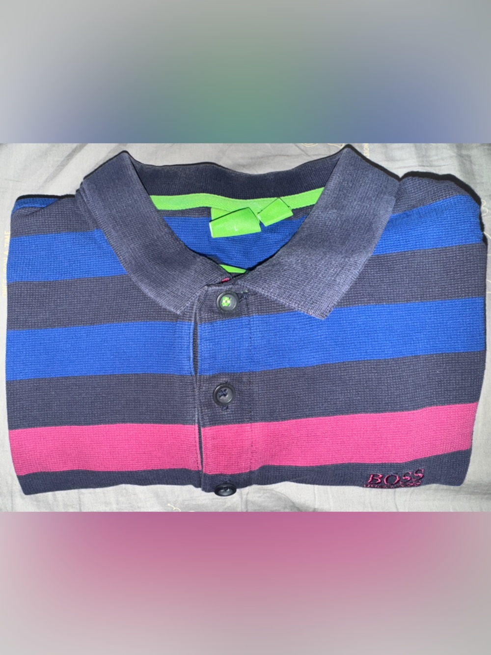BOSS Polo Shirt in Pink, Blue and Navy with Green Trim - Picture 1 of 6